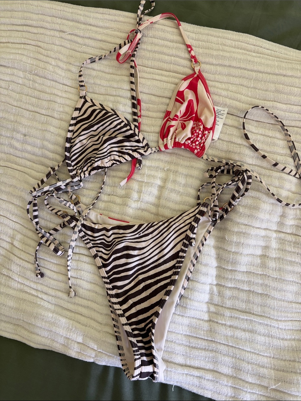 l*space Black and White Zebra Print String Bikini with Red Accent